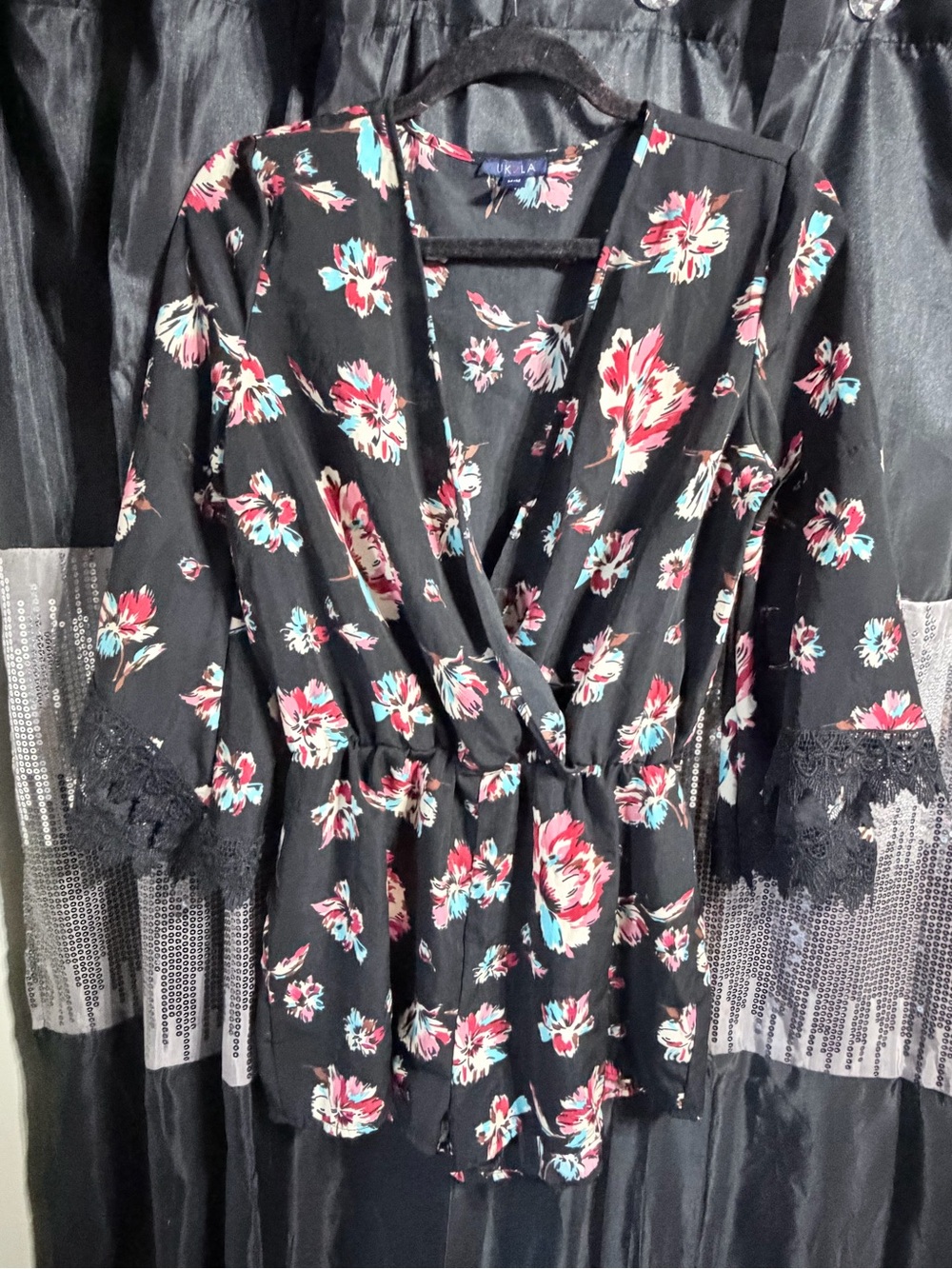 Floral Wrap-Style Black Blouse with Lace Trim